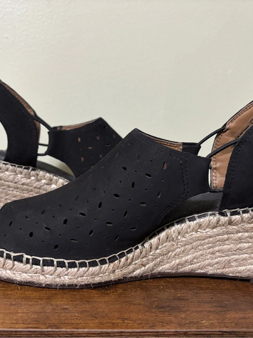 Clarks Black Perforated Espadrille Slingback Wedge